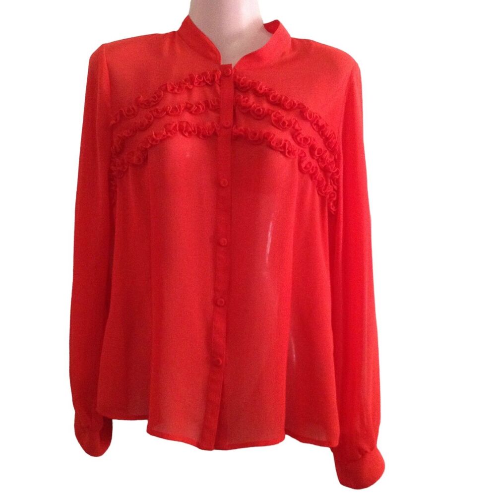 Worthington Blouse Women's Small Red Sheer Button Front Office Secretary NEW